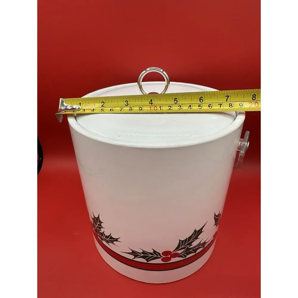 Vintage Christmas Holly Ice Bucket With Acrylic Lucite Handle Retro